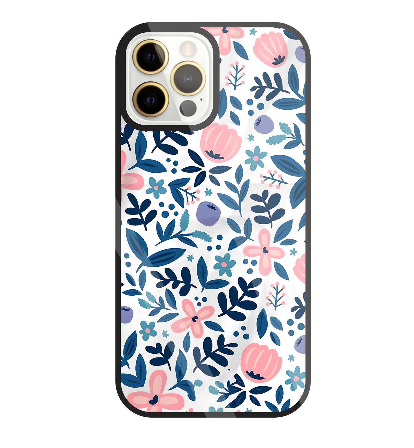 Blue- Pink Flower Pattern Glass Case For Apple iPhone 12 Pro Max
