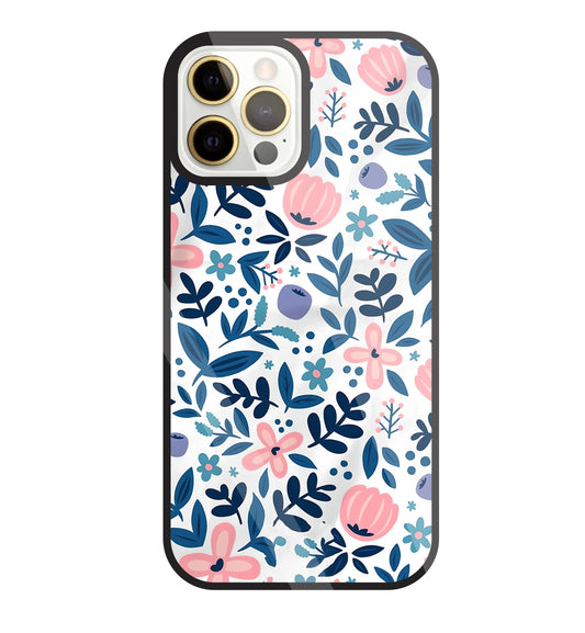 Blue- Pink Flower Pattern Glass Case For Apple iPhone 12 Pro Max