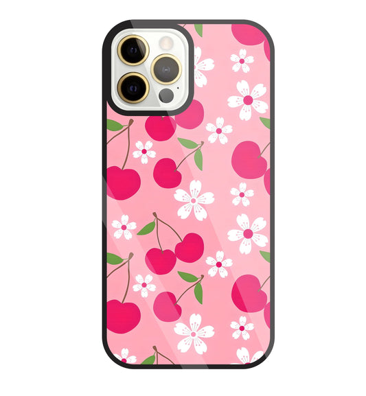 Pink Cherry With Flowers Glass Case For Apple iPhone 12 Pro Max