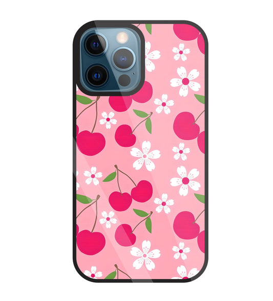 Pink Cherry With Flowers Glass Case For Apple iPhone 12 Pro