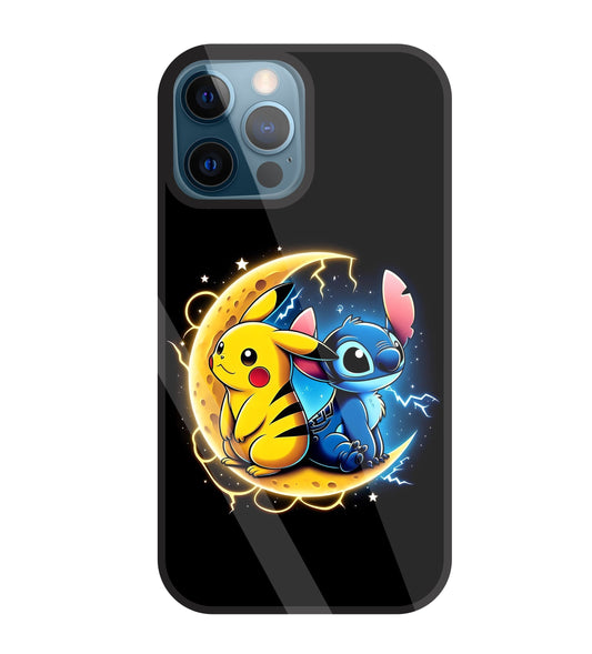 Stitch and Pikachu Moon Glass Case For Apple iPhone 12 Pro