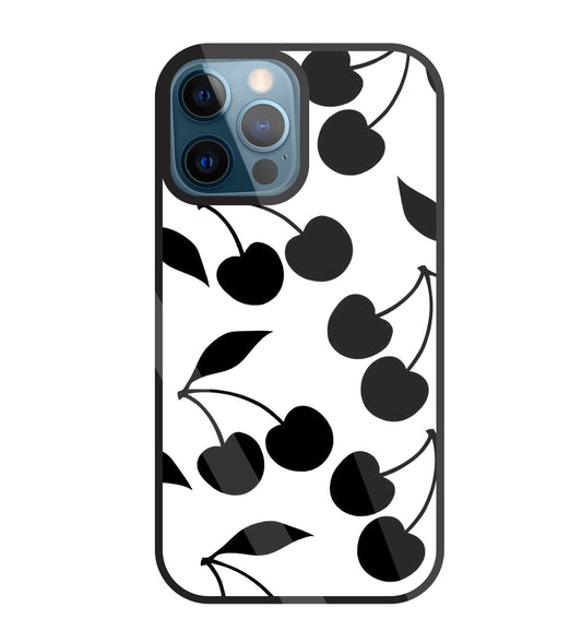 White With Black Cherry Glass Case For Apple iPhone 12 Pro