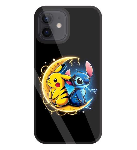 Stitch and Pikachu Moon Glass Case For Apple iPhone 12