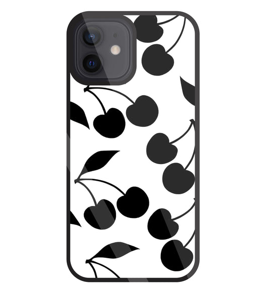 White With Black Cherry Glass Case For Apple iPhone 12