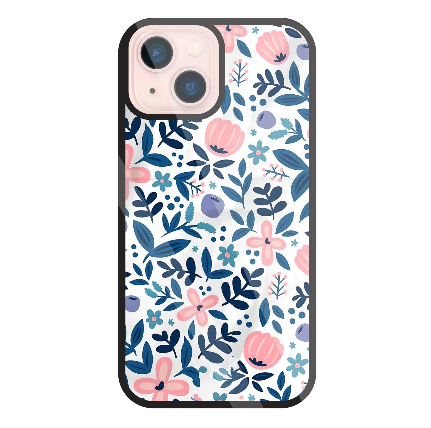 Blue- Pink Flower Pattern Glass Case For Apple iPhone 13 Mini