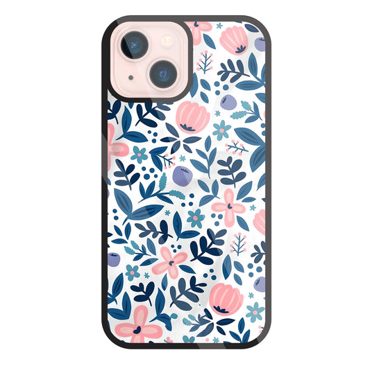 Blue- Pink Flower Pattern Glass Case For Apple iPhone 13 Mini