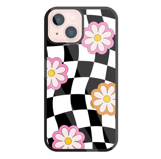 Check Pattern with flowers Glass Case For Apple iPhone 13 Mini