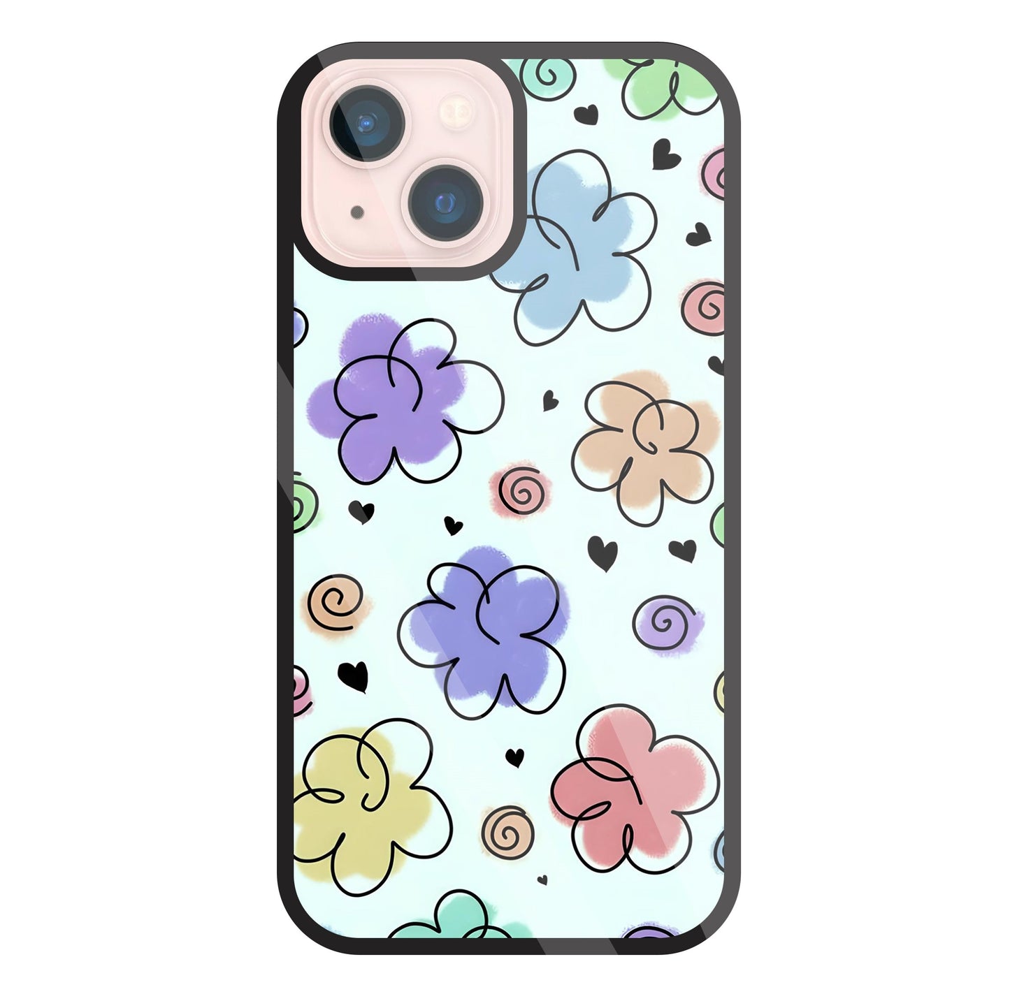 Cute Line Art Flowers Glass Case For Apple iPhone 13 Mini