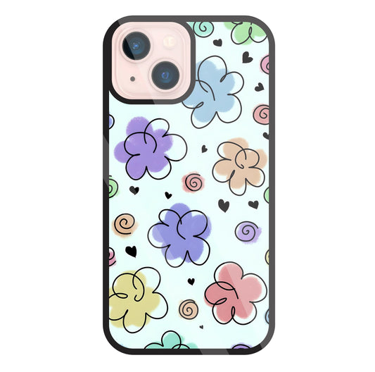Cute Line Art Flowers Glass Case For Apple iPhone 13 Mini