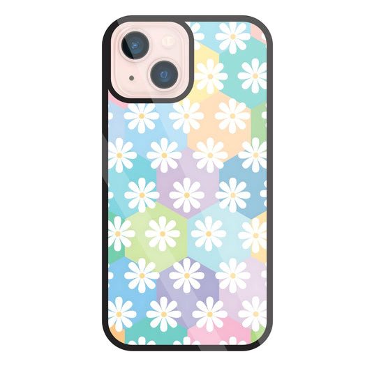 Hexagon Daisy Flower Glass Case For Apple iPhone 13 Mini