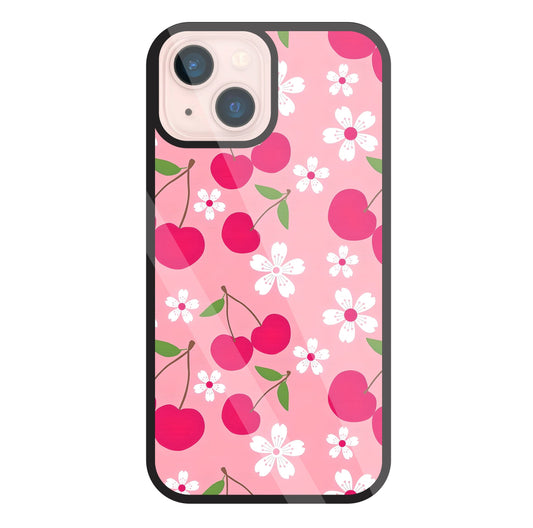 Pink Cherry With Flowers Glass Case For Apple iPhone 13 Mini