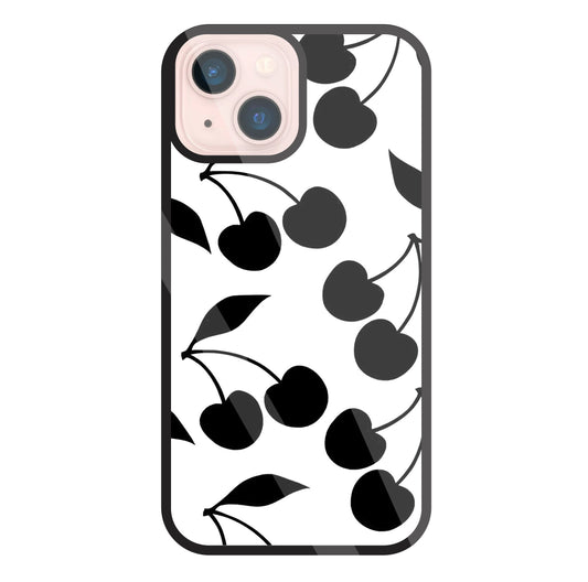 White With Black Cherry Glass Case For Apple iPhone 13 Mini