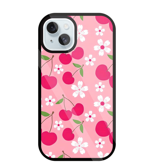 Pink Cherry With Flowers Glass Case For Apple iPhone 13