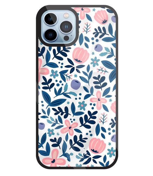 Blue- Pink Flower Pattern Glass Case For Apple iPhone 13 Pro