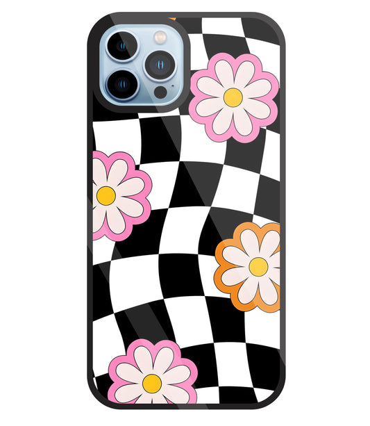 Check Pattern with flowers Glass Case For Apple iPhone 13 Pro
