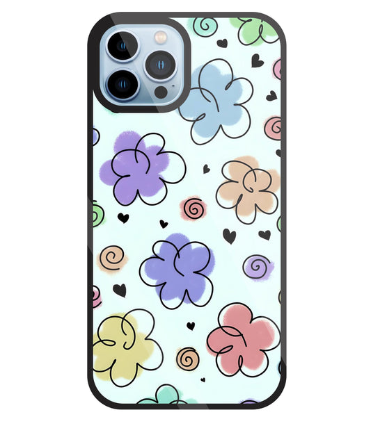 Cute Line Art Flowers Glass Case For Apple iPhone 13 Pro