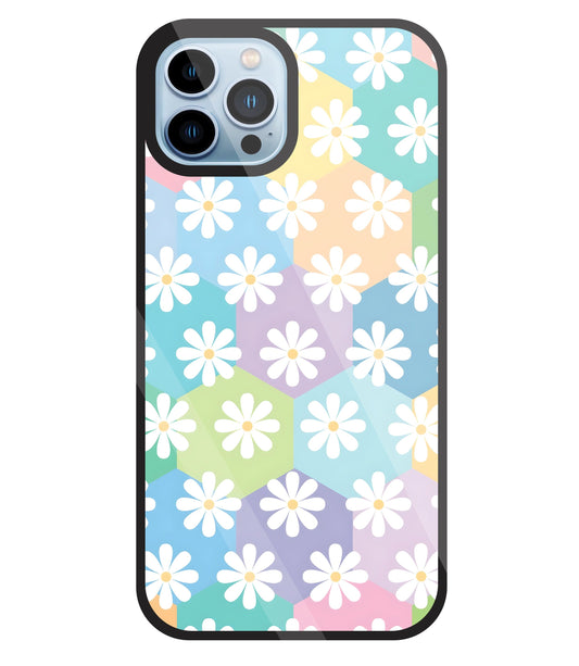 Hexagon Daisy Flower Glass Case For Apple iPhone 13 Pro