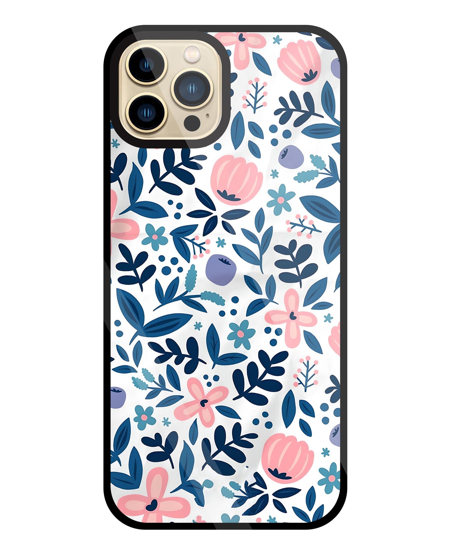 Blue- Pink Flower Pattern Glass Case For Apple iPhone 13 Pro Max