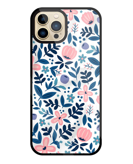 Blue- Pink Flower Pattern Glass Case For Apple iPhone 13 Pro Max