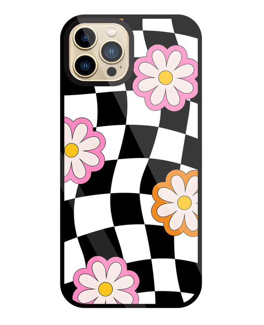 Check Pattern with flowers Glass Case For Apple iPhone 13 Pro Max