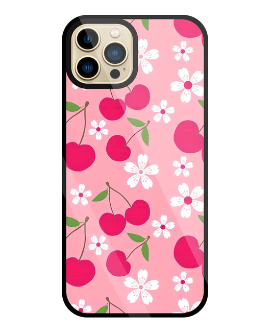 Pink Cherry With Flowers Glass Case For Apple iPhone 13 Pro Max