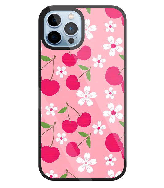 Pink Cherry With Flowers Glass Case For Apple iPhone 13 Pro