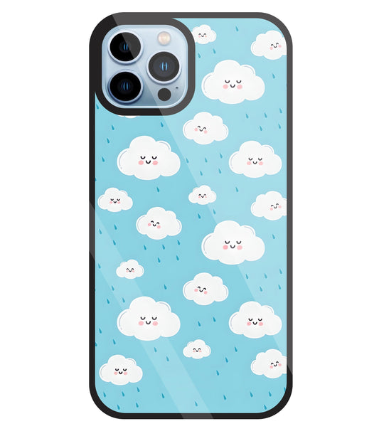 Smile Clouds With  Rain Glass Case For Apple iPhone 13 Pro