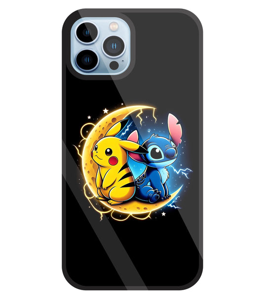 Stitch and Pikachu Moon Glass Case For Apple iPhone 13 Pro
