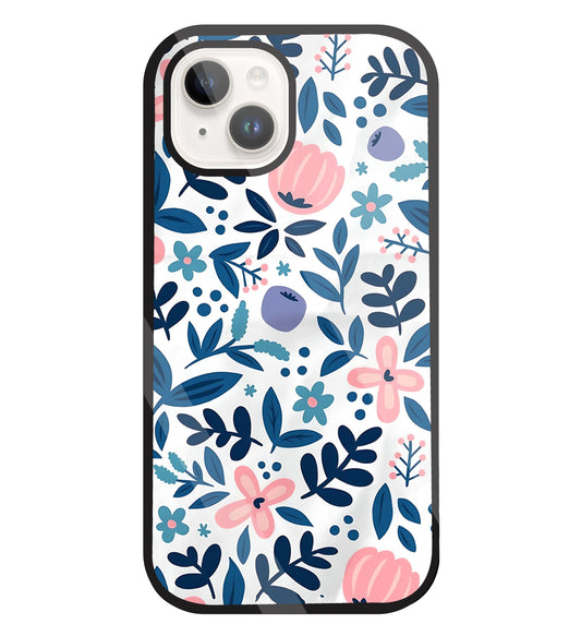 Blue- Pink Flower Pattern Glass Case For Apple iPhone 15