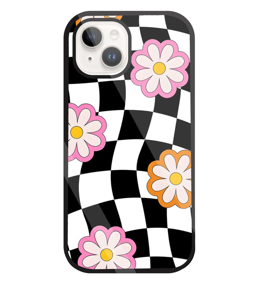 Check Pattern with flowers Glass Case For Apple iPhone 15