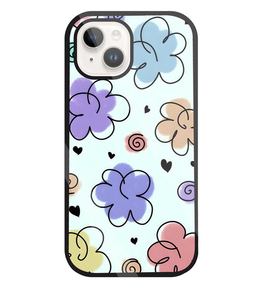 Cute Line Art Flowers Glass Case For Apple iPhone 15