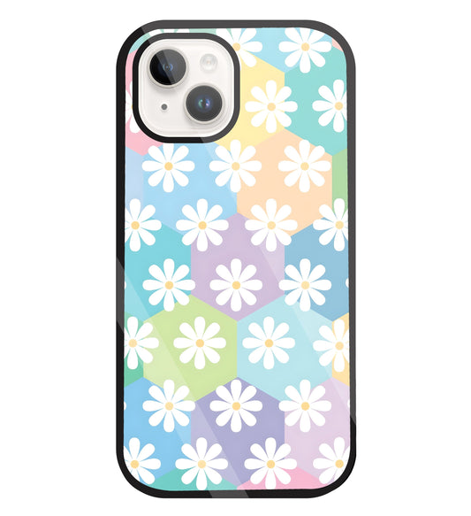 Hexagon Daisy Flower Glass Case For Apple iPhone 15