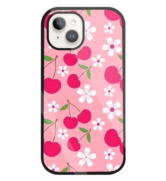 Pink Cherry With Flowers Glass Case For Apple iPhone 15