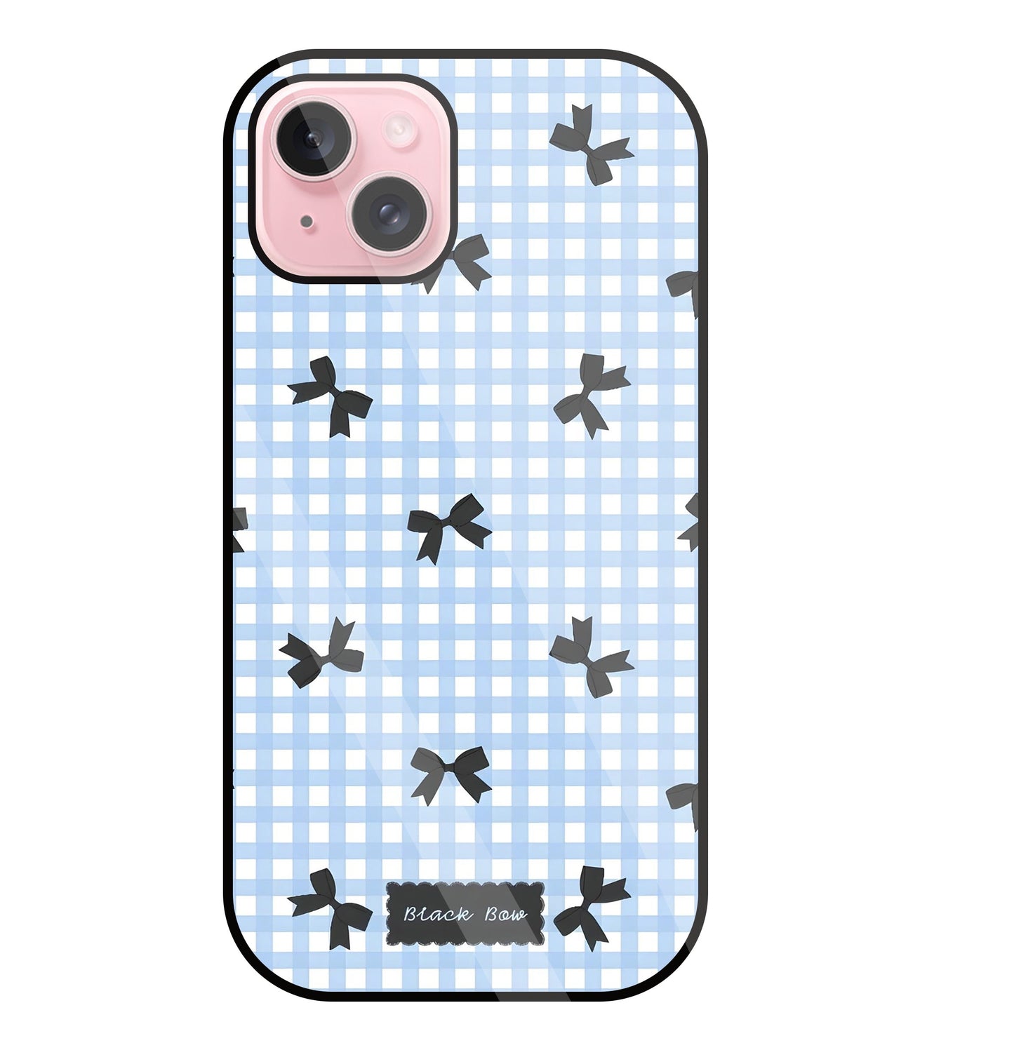 Black Ribbon With Check Pattern Glass Case For Apple iPhone 15 Plus
