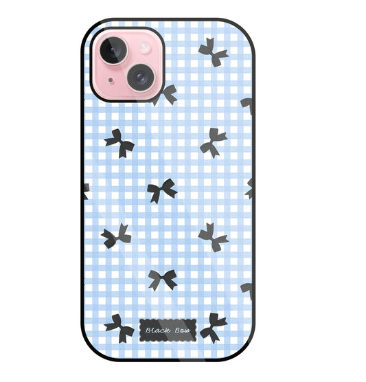 Black Ribbon With Check Pattern Glass Case For Apple iPhone 15 Plus