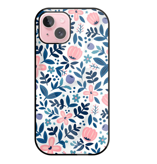Blue- Pink Flower Pattern Glass Case For Apple iPhone 15 Plus