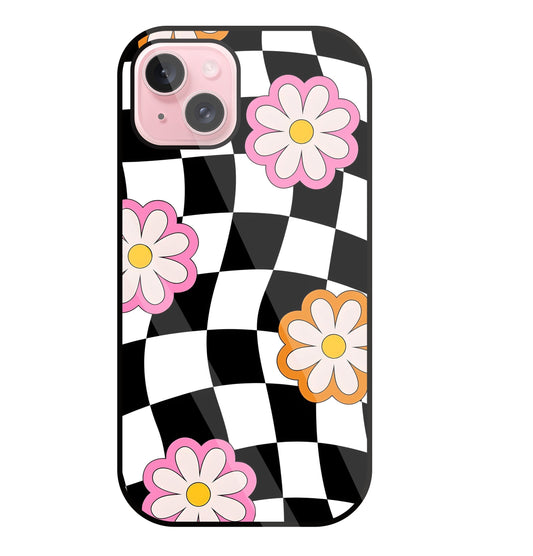 Check Pattern with flowers Glass Case For Apple iPhone 15 Plus