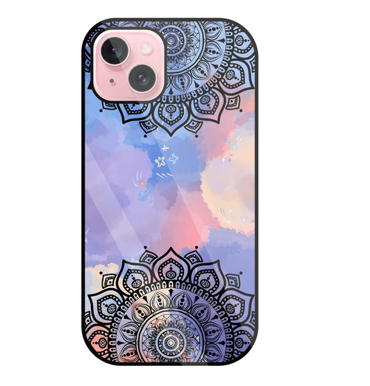 Colorful Mandala Pattern Glass Case For Apple iPhone 15 Plus