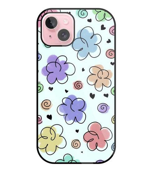 Cute Line Art Flowers Glass Case For Apple iPhone 15 Plus