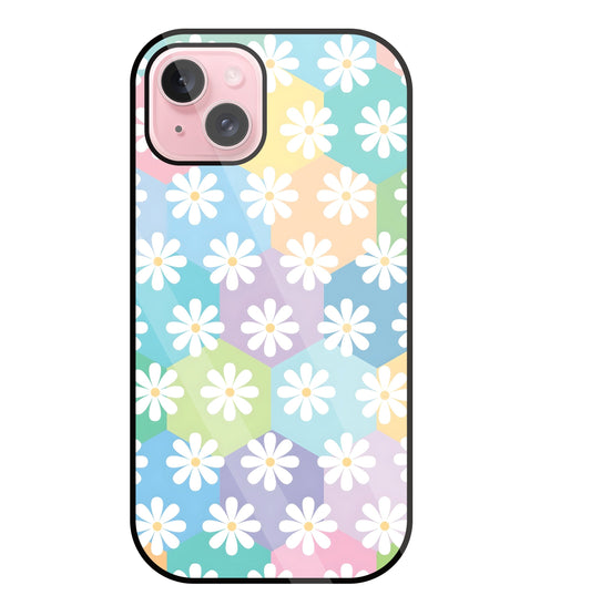 Hexagon Daisy Flower Glass Case For Apple iPhone 15 Plus