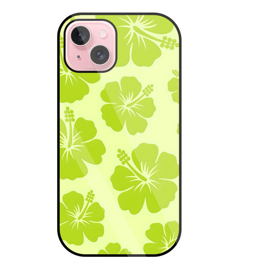 Hibiscus Flower Green Glass Case For Apple iPhone 15 Plus
