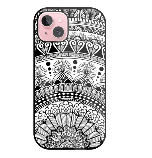 Mandala Pattern Black And White Glass Case For Apple iPhone 15 Plus