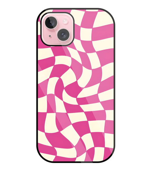 Pink And Off White Illusion Pattern Glass Case For Apple iPhone 15 Plus