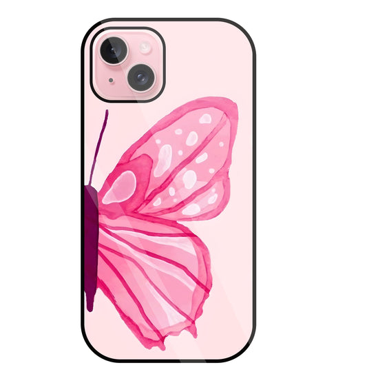Pink ButterFly Art Glass Case For Apple iPhone 15 Plus