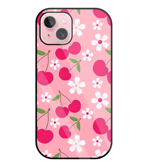 Pink Cherry With Flowers Glass Case For Apple iPhone 15 Plus
