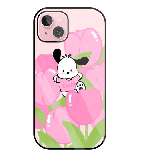 Pochacco Puppy And Rose Glass Case For Apple iPhone 15 Plus