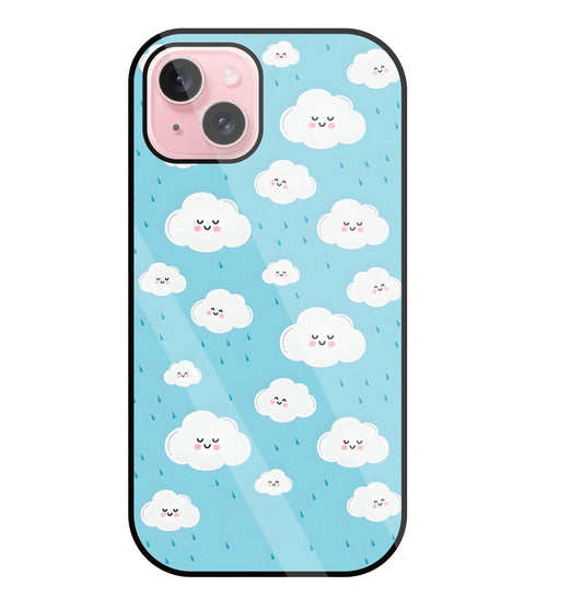 Smile Clouds With  Rain Glass Case For Apple iPhone 15 Plus