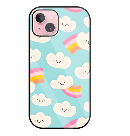 Smiley Clouds Glass Case For Apple iPhone 15 Plus