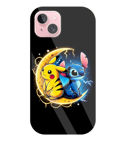 Stitch and Pikachu Moon Glass Case For Apple iPhone 15 Plus