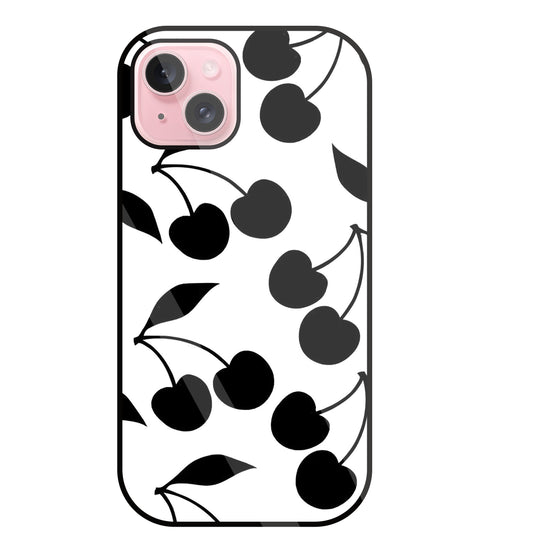 White With Black Cherry Glass Case For Apple iPhone 15 Plus